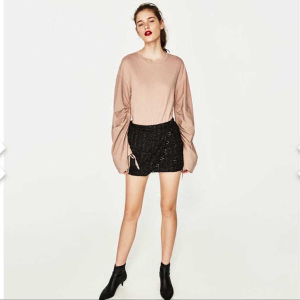 NWT Zara Trafaluc Tan Beige Balloon Sleeve Top